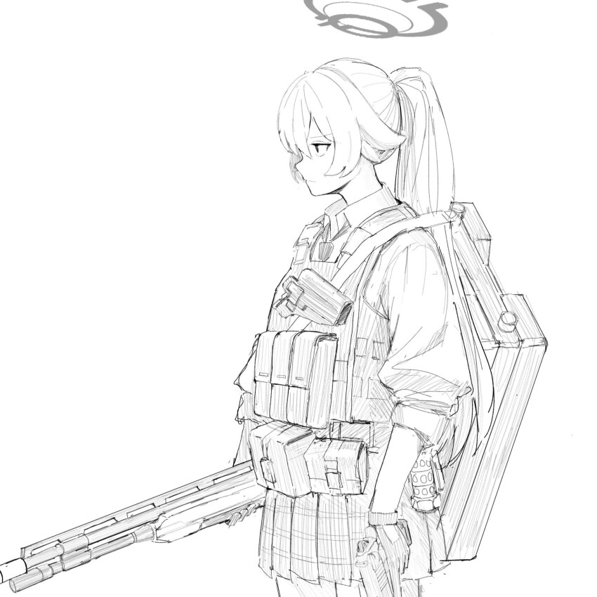 1girl, belt_pouch, beretta_1301, beretta_92, blue_archive, bulletproof_vest, closed_mouth, collared_shirt