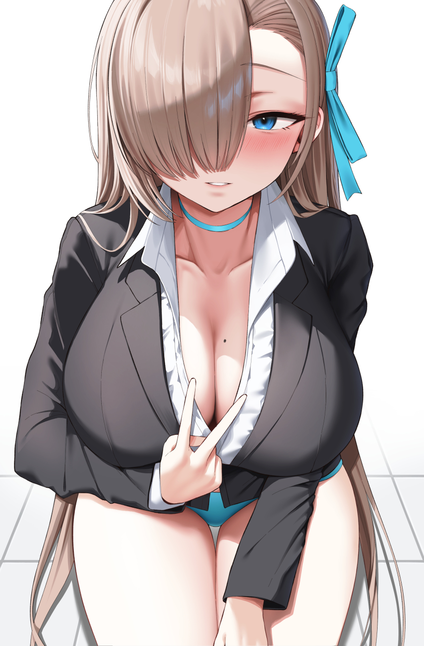 1girl, absurdres, asuna_(blue_archive), blue_archive, blue_choker, blue_eyes, blue_panties, blue_ribbon