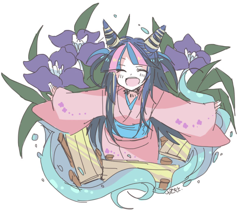 1girl, ^_^, alternate_costume, black_hair, blue_hair, blue_sash, blunt_bangs, choker