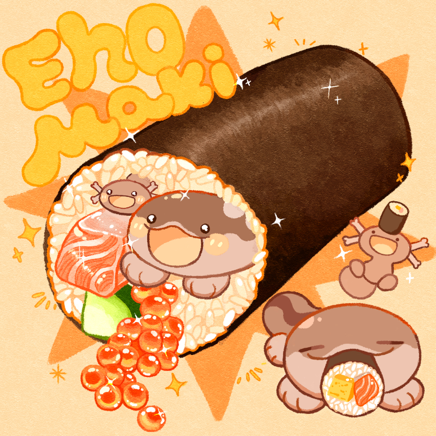 axolotl, caviar, clodsire, closed_eyes, commentary_request, ehoumaki, english_text, fish_(food), food, food_focus, gorugon01, highres, makizushi, meat, nintendo, no_humans, open_mouth, paldean_wooper, pokemon, pokemon_(creature), rice, smile, sparkle, star_(symbol), sushi, yellow_background