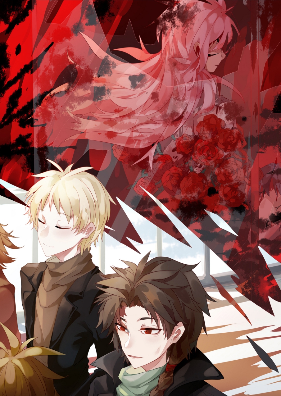 6+boys, atou_haruki, black_jacket, blonde_hair, blood, blood_in_hair, blood_on_face, braid, brown_hair, brown_sweater, closed_eyes, closed_mouth, commentary_request, flower, harada_minoru, hatsutori_hajime, highres, isoi_reiji, jacket, kiyowa, long_hair, male_focus, multiple_boys, open_clothes, open_jacket, open_mouth, out_of_frame, pink_hair, red_eyes, rose, saibou_shinkyoku, scar, scar_on_face, scar_on_forehead, shinano_eiji, shirt, short_hair, side_braid, single_braid, smile, spoilers, sweater, turtleneck, turtleneck_sweater, utsugi_noriyuki, white_shirt