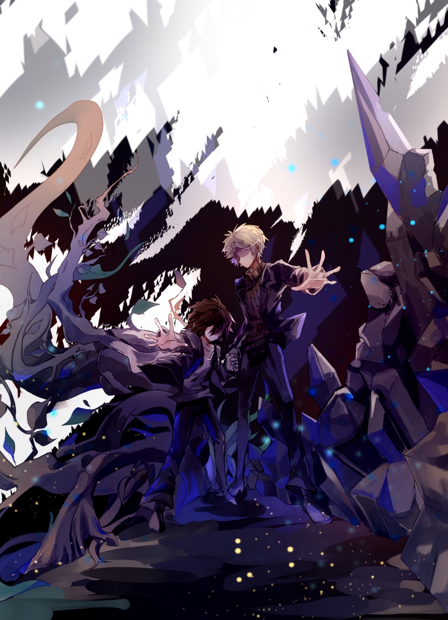 2boys, atou_haruki, black_jacket, black_pants, black_shoes, blonde_hair, brown_hair, brown_sweater