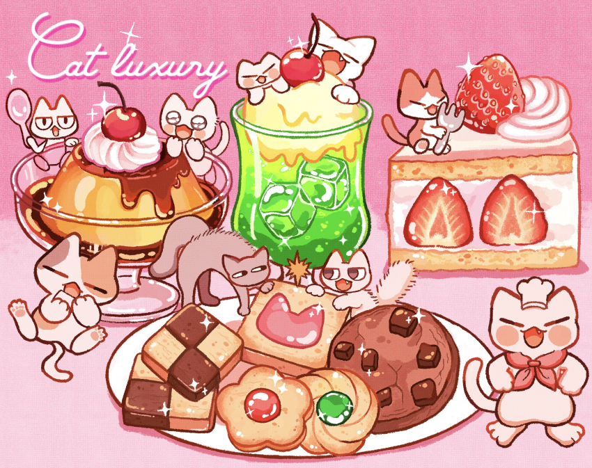 blush_stickers, cake, cake_slice, cat, chef_hat, cherry, chocolate_chip_cookie, commentary