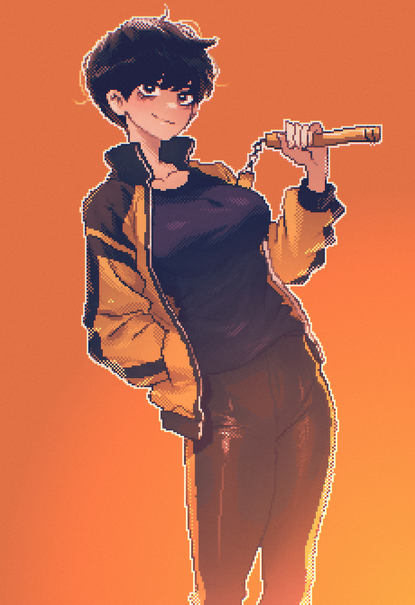 1girl, breasts, highres, messy_hair, nunchaku, original, pixel_art, short_hair, spoiledmuffin, sweatsuit, tagme, tomboy, weapon