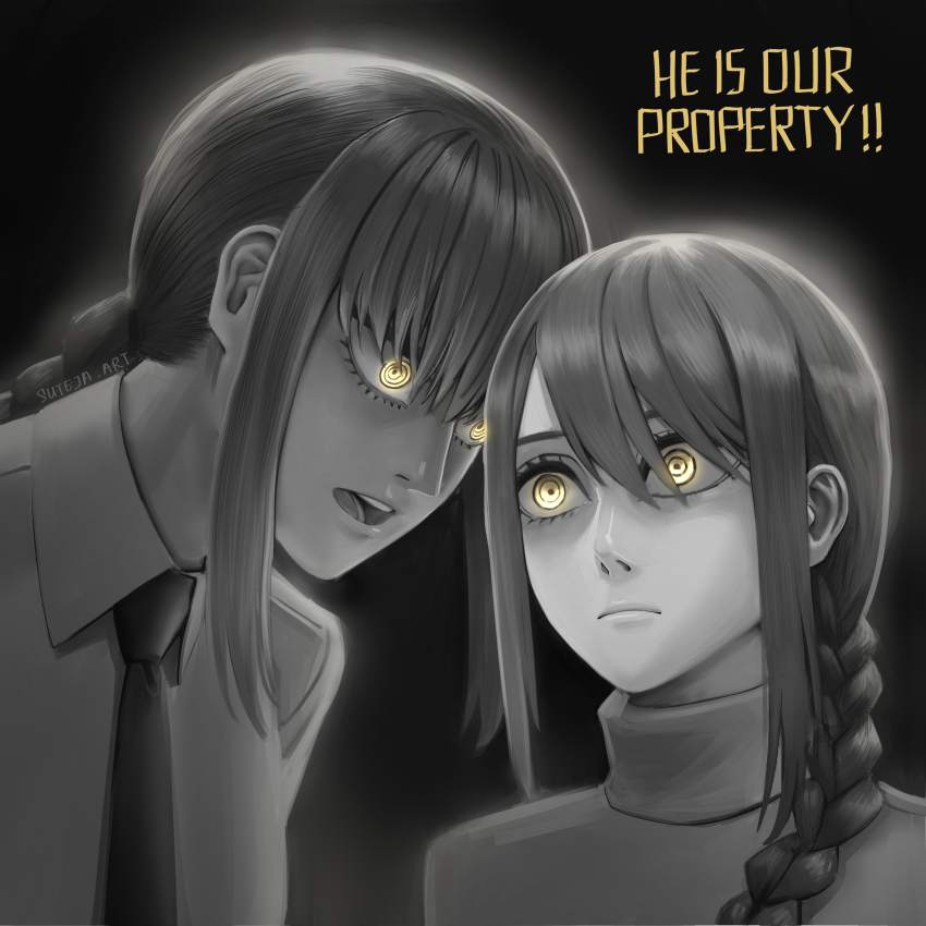 2girls, absurdres, braid, braided_ponytail, breasts, chainsaw_man, comic_panel_redraw, commentary, derivative_work, english_text, eyebrows_hidden_by_hair, frown, greyscale, hair_over_one_eye, highres, large_breasts, long_bangs, makima_(chainsaw_man), monochrome, multiple_girls, nayuta_(chainsaw_man), necktie, open_mouth, parody, reincarnation, ringed_eyes, shingeki_no_kyojin, sidelocks, signature, single_braid, spot_color, suteja, turtleneck, yellow_eyes