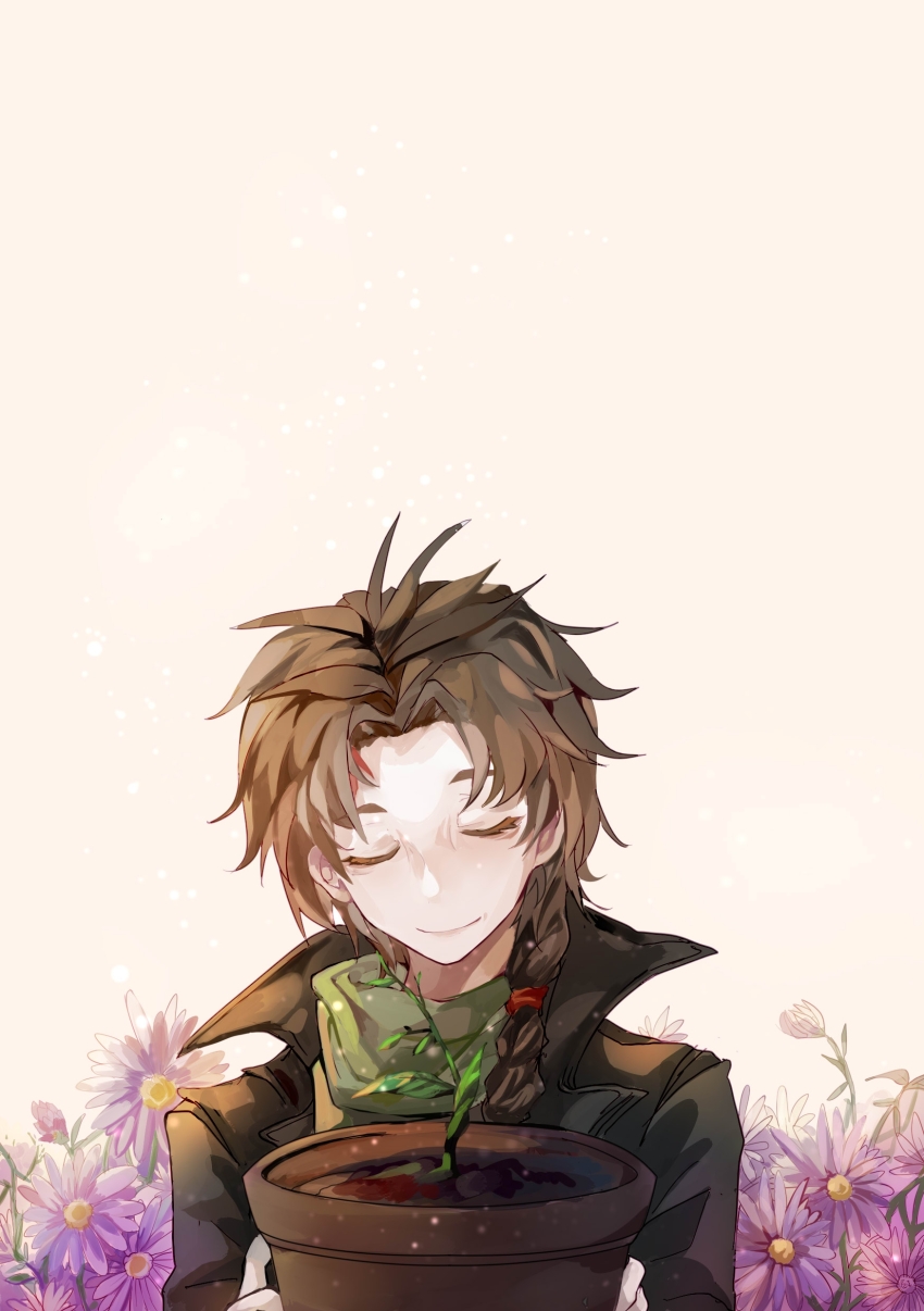 1boy, absurdres, black_jacket, braid, brown_hair, closed_eyes, closed_mouth, commentary_request