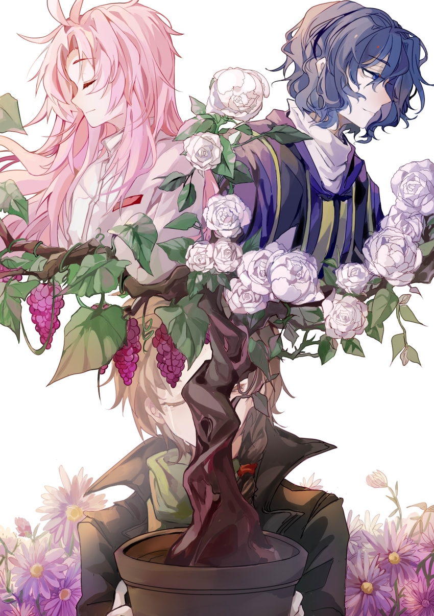 3boys, absurdres, black_jacket, blue_eyes, blue_hair, braid, brown_hair, closed_eyes