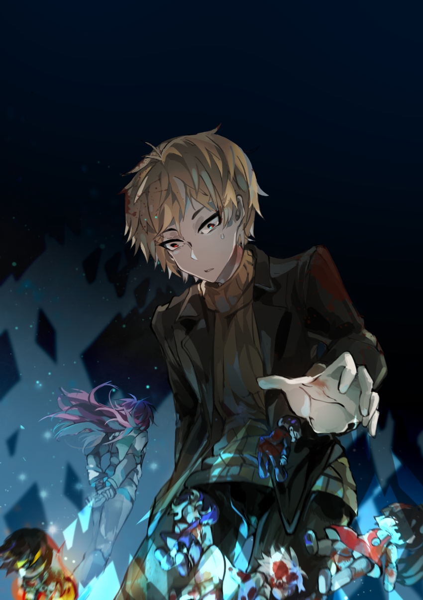 2boys, absurdres, atou_haruki, black_jacket, black_pants, blonde_hair, blood, blood_on_clothes