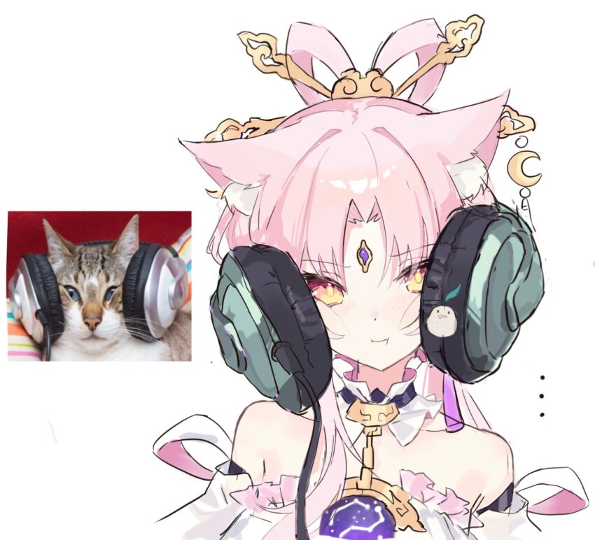 ..., 1girl, :t, ame_amean, animal, animal_ear_fluff, animal_ears, bare_shoulders, bow-shaped_hair, brown_eyes, cat, cat_ears, chigomage, collar, crescent, crescent_hair_ornament, dress, feixianji_(hairstyle), forehead_jewel, fu_xuan_(honkai:_star_rail), hair_ornament, hair_rings, headphone_cat_(meme), headphones, highres, honkai:_star_rail, honkai_(series), inset, kemonomimi_mode, light_blush, looking_at_viewer, meme, parted_bangs, photo-referenced, photo_inset, pink_hair, portrait, pout, reference_inset, simple_background, solo, tassel, white_background, white_dress