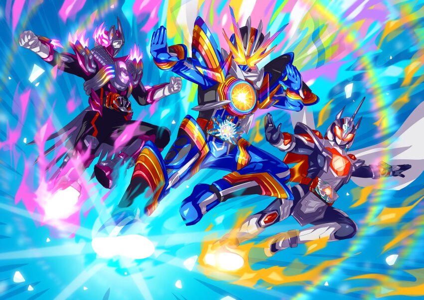 1girl, 2boys, alchemisdriver, armor, armored_boots, ass, asymmetrical_armor, black_bodysuit