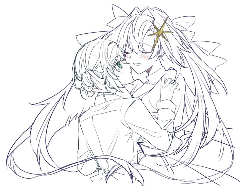 2girls, closed_eyes, closed_mouth, dress, face-to-face, floating_hair, grey_eyes, hair_bun, hair_intakes, hair_ornament, hand_on_another's_head, hand_up, highres, juliet_sleeves, li_ru_(li_ru), lineart, long_hair, long_sleeves, looking_at_another, monochrome, multiple_girls, open_mouth, partially_colored, profile, puffy_sleeves, reverse:1999, shirt, short_hair, single_side_bun, star_(symbol), star_hair_ornament, vertin_(reverse:1999), voyager_(reverse:1999), white_background, yuri