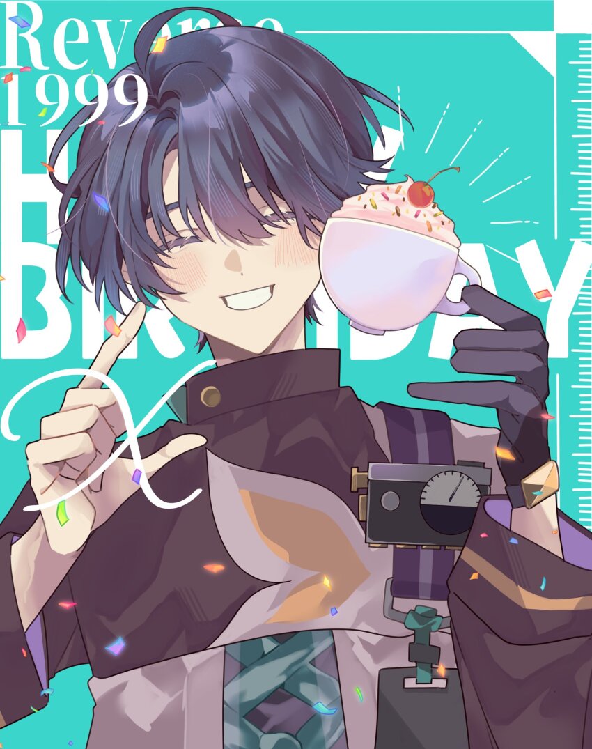 1boy, ^_^, aqua_background, black_gloves, black_hair, character_name, cherry, closed_eyes
