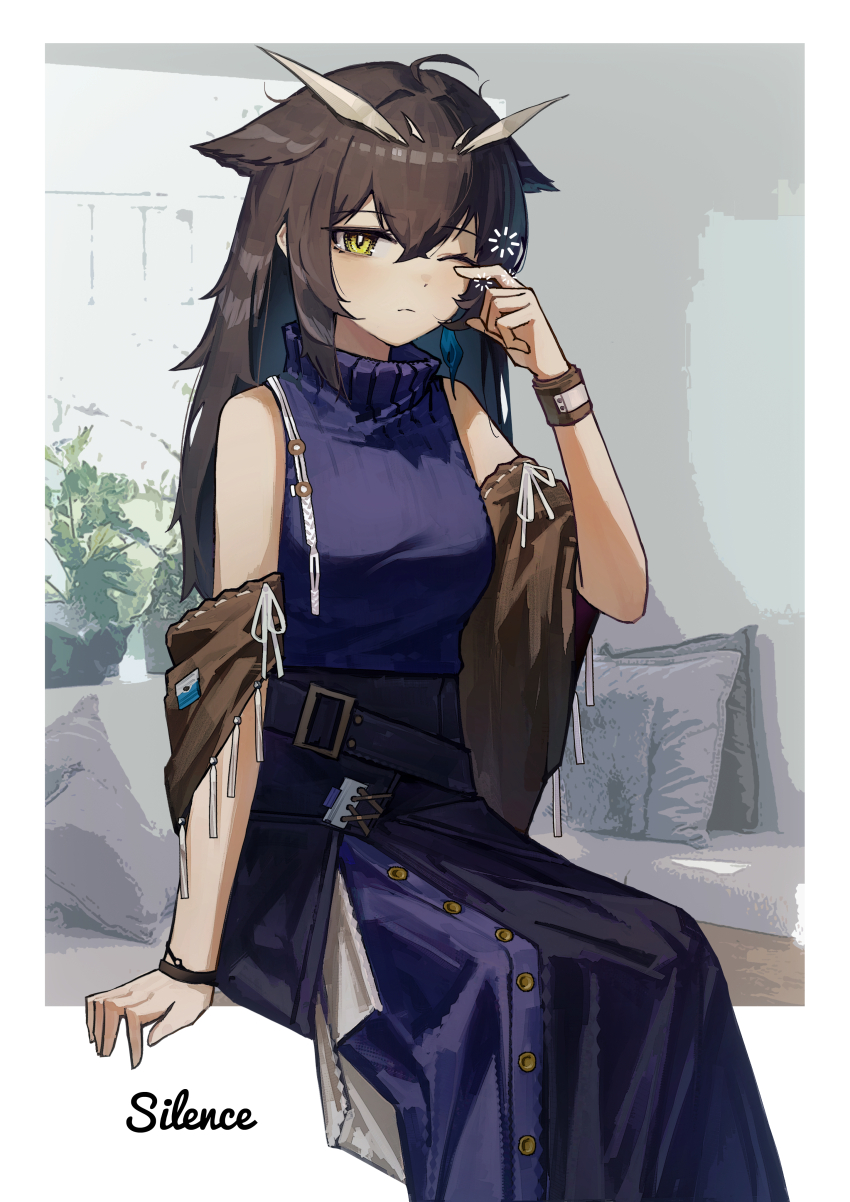 1girl, absurdres, animal_ears, arknights, bags_under_eyes, bare_shoulders, blue_sweater, border