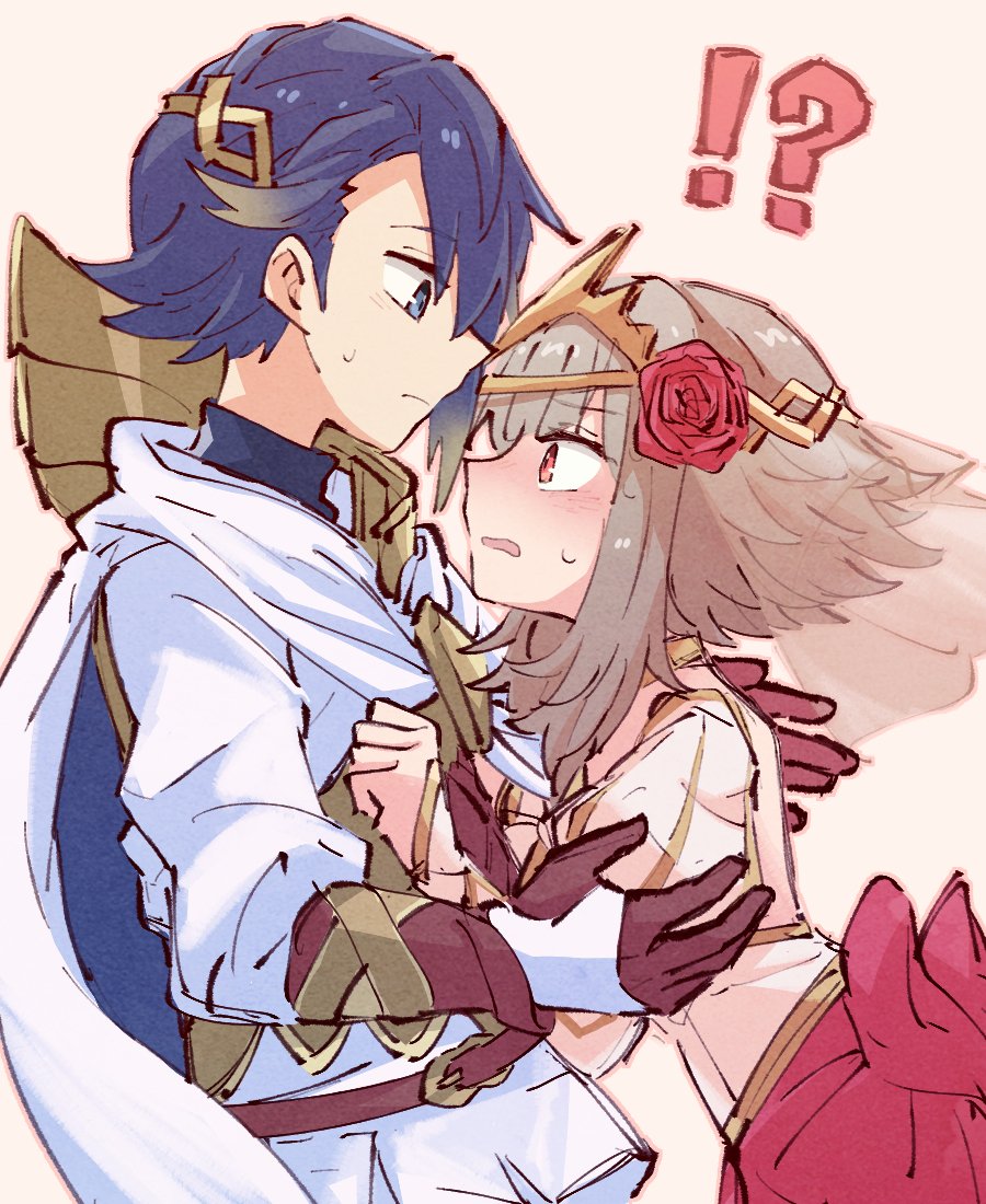 !?, 1boy, 1girl, alfonse_(fire_emblem), alonemistrist, blue_eyes, blue_hair, blush