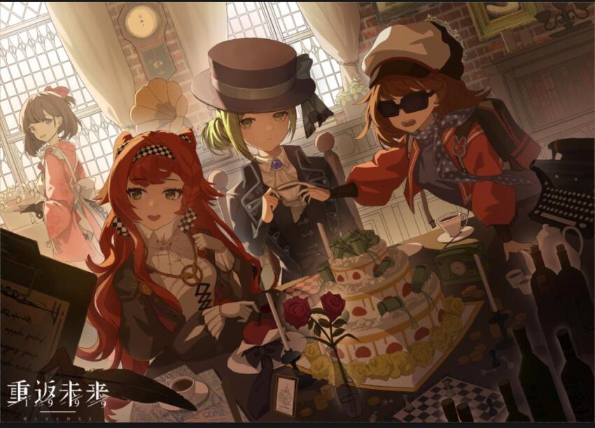 4girls, :d, apple, apple_(reverse:1999), apron, arm_support, ascot, backlighting