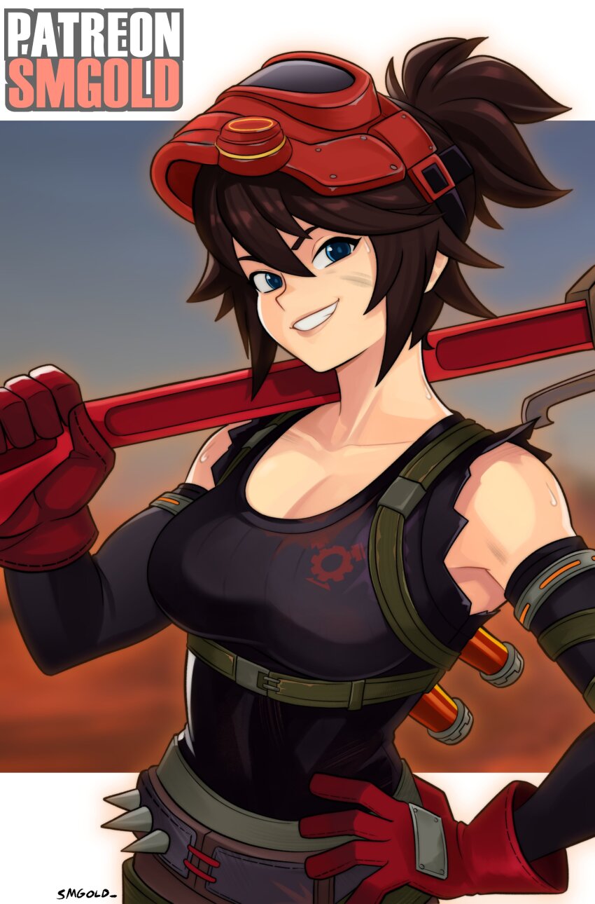 1girl, absurdres, animification, artist_name, black_shirt, blue_eyes, breasts, brown_hair