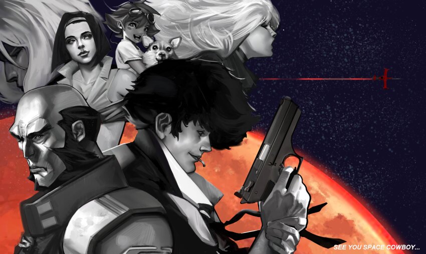 3boys, 3girls, absurdres, bald, cigarette, collarbone, commentary, cowboy_bebop, dog, edward_wong_hau_pepelu_tivrusky_iv, ein_(cowboy_bebop), english_commentary, faye_valentine, frown, goggles, goggles_on_head, gun, hair_behind_ear, handgun, highres, holding, holding_gun, holding_weapon, jacket, jet_black, julia_(cowboy_bebop), looking_at_viewer, mars_(planet), mirco_pierfederici, mouth_hold, multiple_boys, multiple_girls, necktie, open_mouth, short_hair, smile, space, spike_spiegel, star_(symbol), v-shaped_eyebrows, vicious_(cowboy_bebop), weapon