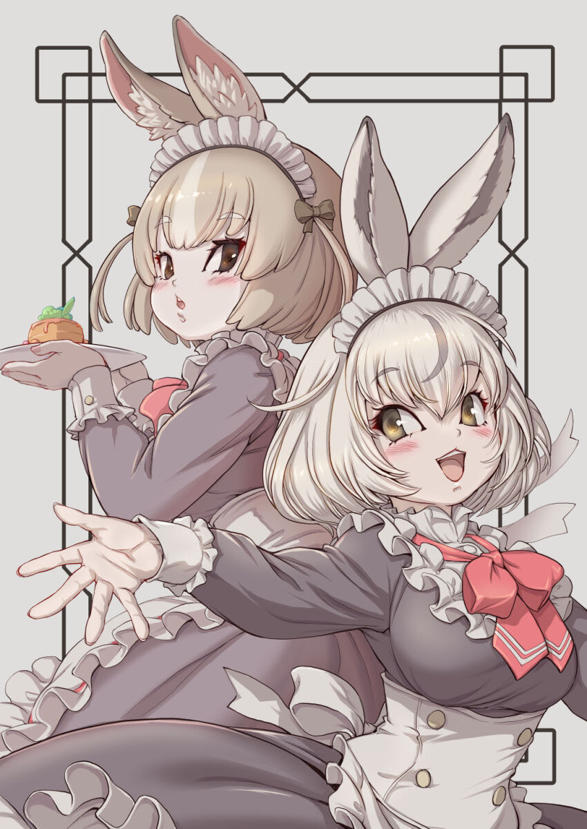 2girls, :3, alternate_costume, animal_ears, apron, back_bow, black_dress, blush