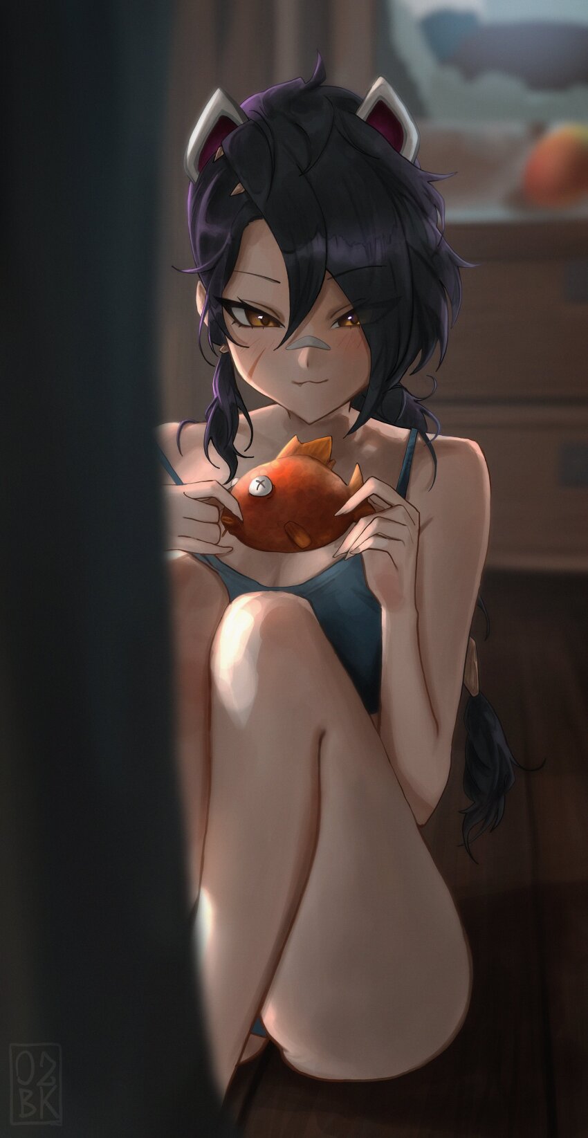 0zbck, 1girl, :3, absurdres, alternate_costume, animal, animal_ears, bandage_on_face, bandages, black_hair, braid, breasts, cat_ears, cat_girl, cleavage, erisa_(fortnite), fang, fish, fortnite, hair_over_one_eye, highres, holding, holding_animal, holding_fish, long_hair, looking_at_viewer, on_ground, single_braid, sitting, solo, yellow_eyes