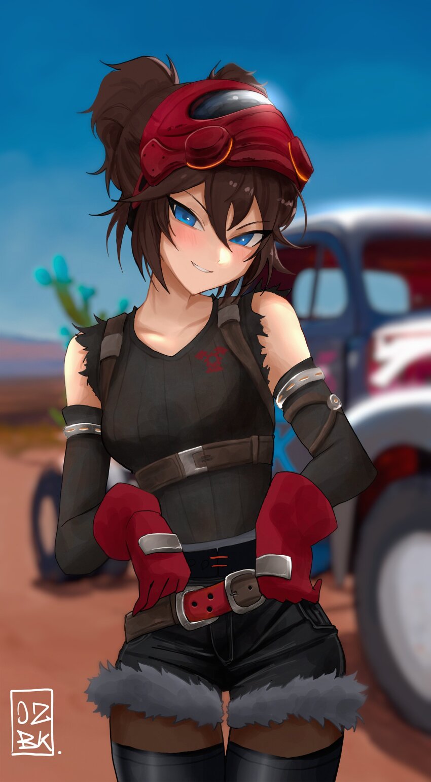 0zbck, 1girl, absurdres, bare_shoulders, belt, black_shirt, blue_eyes, brown_hair