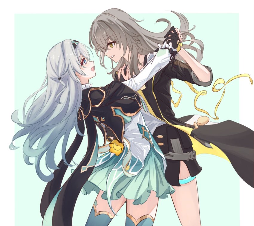 2girls, black_coat, black_gloves, black_hairband, coat, collared_shirt, cropped_jacket, fingerless_gloves