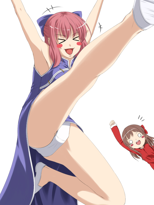 >_<, 00s, 2girls, arima_miyako, arms_up, bad_id, bad_pixiv_id, blush_stickers, brown_hair, china_dress, chinese_clothes, dress, closed_eyes, flats, kicking, kohaku_(tsukihime), long_hair, melty_blood, mochi.f, mr._chin, multiple_girls, no_socks, o_o, open_mouth, panties, pink_hair, short_hair, tangzhuang, tsukihime, type-moon, underwear, white_panties