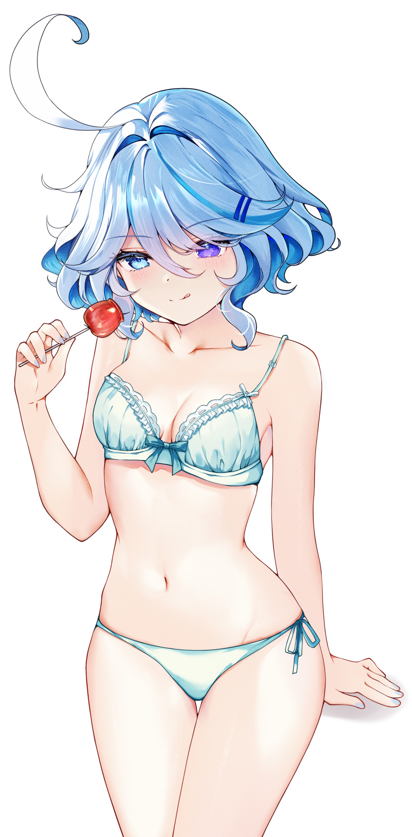 1girl, :q, absurdres, ahoge, aqua_bikini, aqua_bow, aqua_nails, aqua_panties, bikini, blue_hair, bow, breasts, candy_apple, cleavage, commentary_request, cowboy_shot, food, furina_(genshin_impact), genshin_impact, hand_up, heterochromia, highres, holding, holding_candy_apple, holding_food, huge_ahoge, light_blue_hair, light_blush, looking_at_viewer, midriff, multicolored_hair, navel, panties, shiratori_aki, simple_background, small_breasts, solo, swimsuit, thighs, tongue, tongue_out, two-tone_hair, underwear, white_background, white_hair