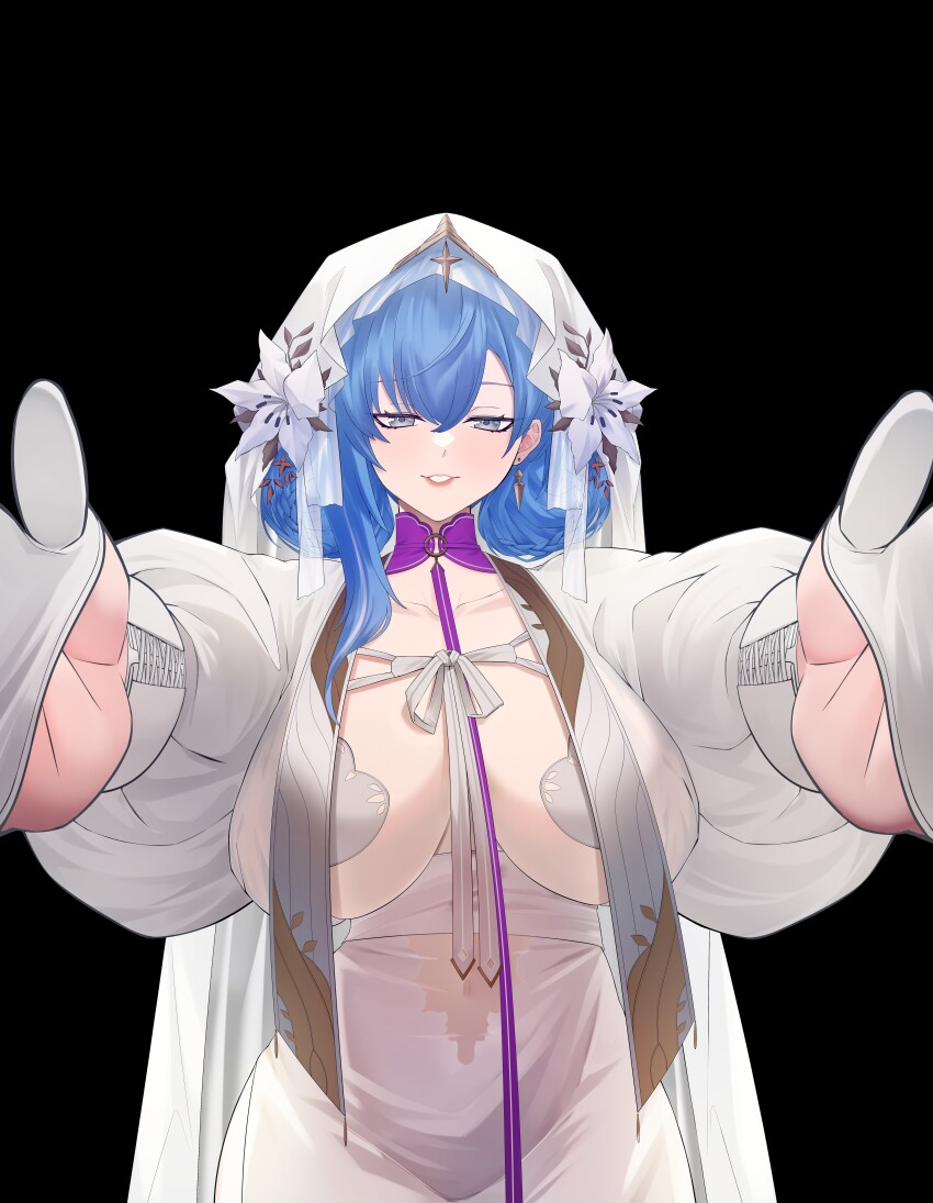 1girl, absurdres, blue_hair, breasts, commission, dp-12_(girls'_frontline), dp-12_(misty_cross)_(girls'_frontline), flower