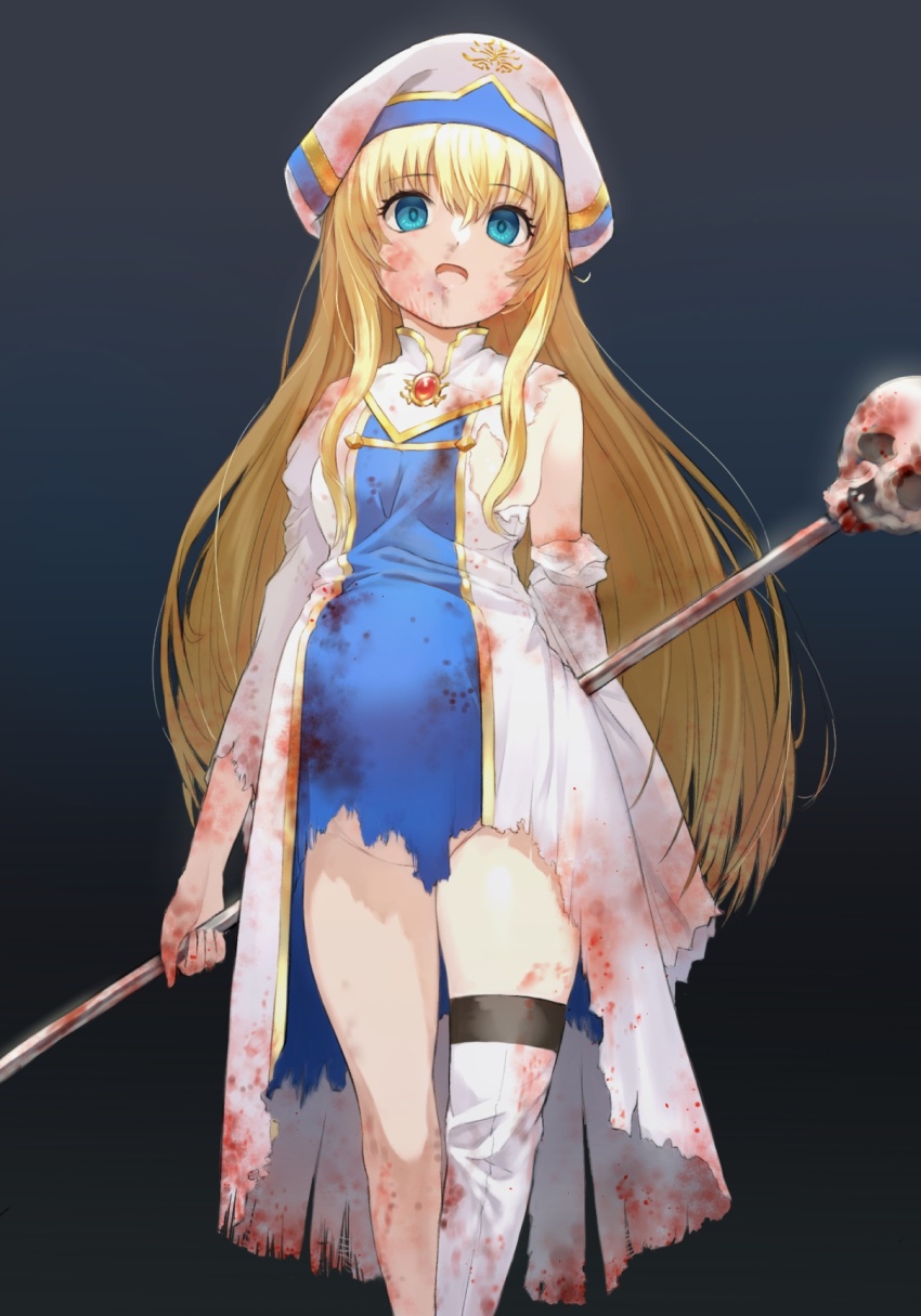 1girl, black_background, blonde_hair, blood, blood_on_clothes, blood_on_face, blue_eyes, cloak, dress, goblin_slayer!, hat, highres, holding, holding_behind_back, holding_weapon, kneehighs, long_hair, nun, polearm, pregnant, priestess_(goblin_slayer!), socks, solo_focus, spear, stab, suzuki_puramo, very_long_hair, weapon, holding_weapon_behind_back, white_dress