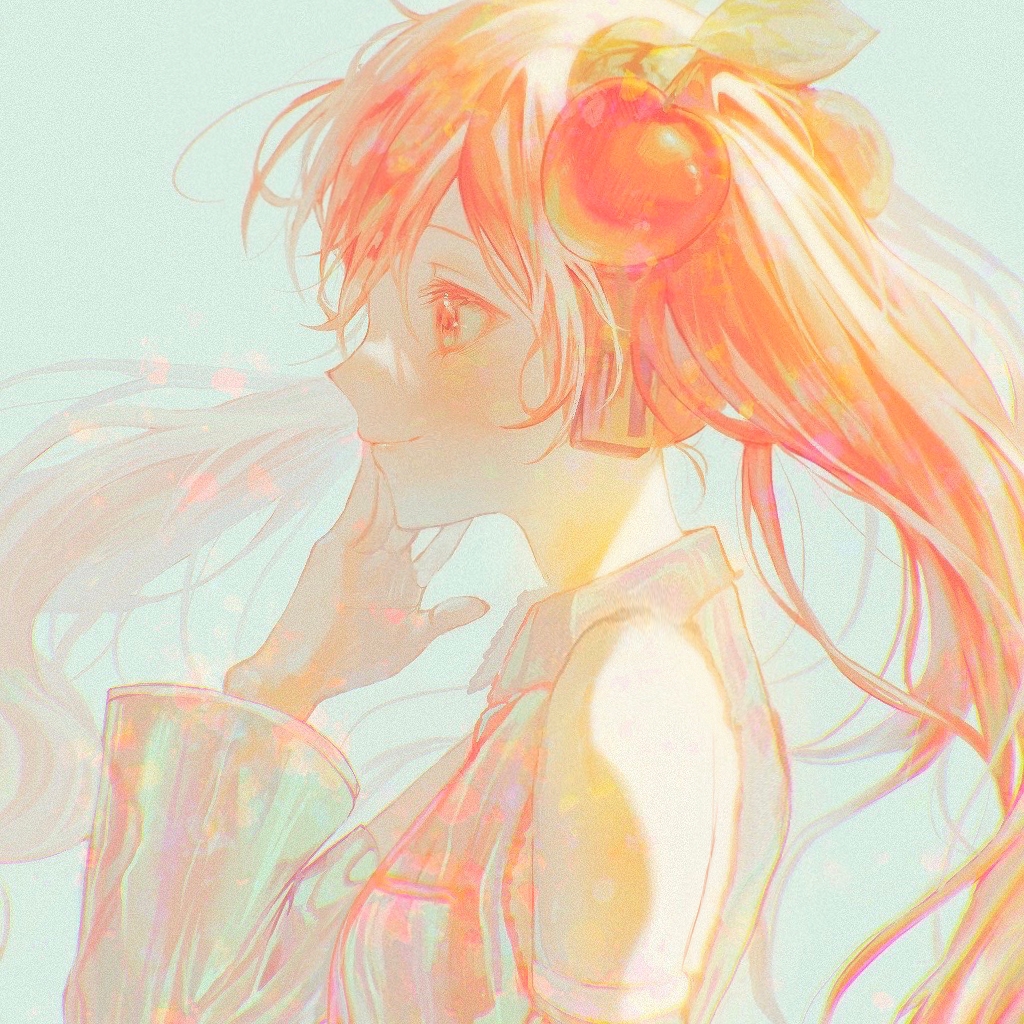 1girl, cherry_hair_ornament, food-themed_hair_ornament, hair_ornament, hand_on_own_cheek, hand_on_own_face, hatsune_miku, headphones