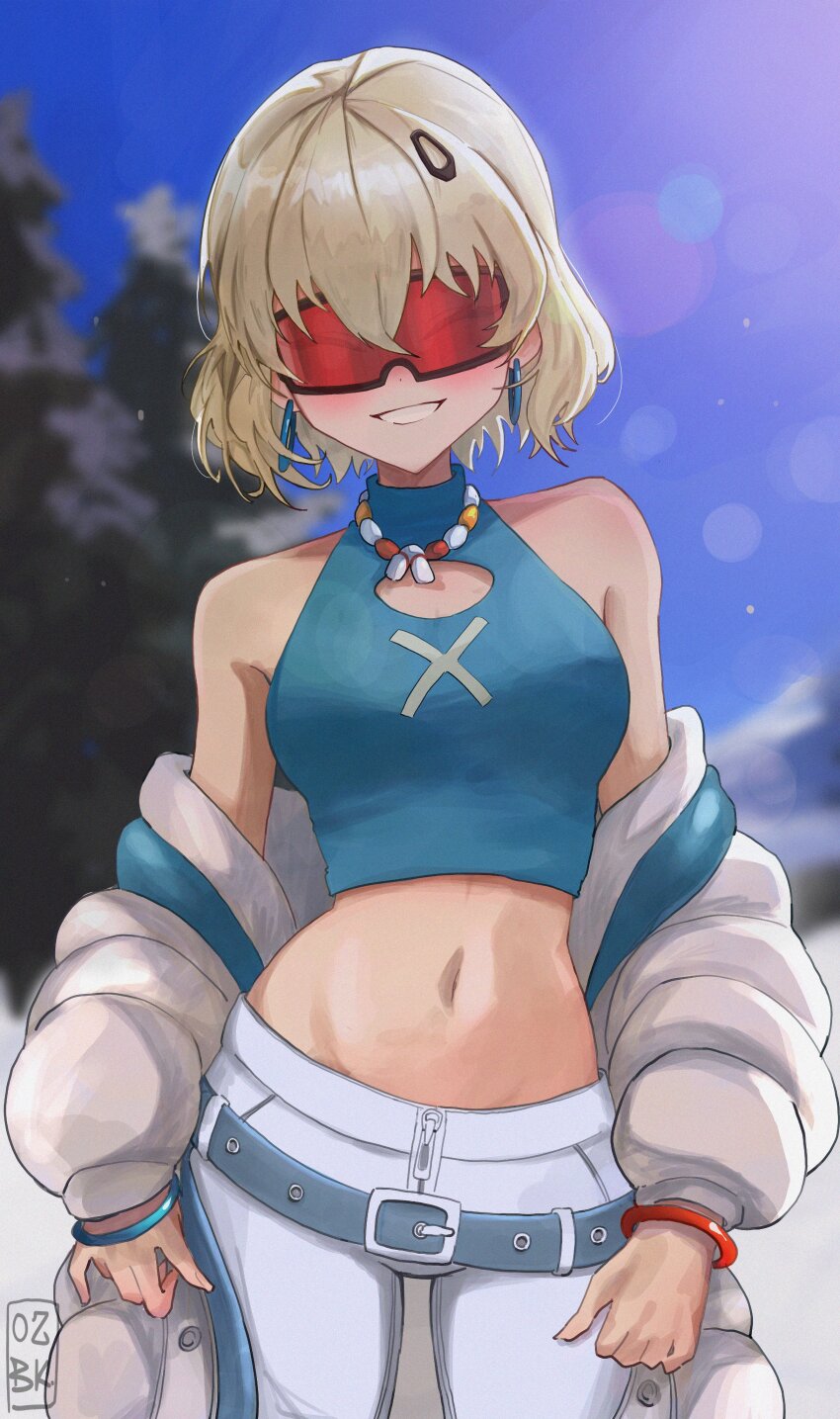 0zbck, 1girl, :d, absurdres, bare_shoulders, belt, blonde_hair, blue_shirt