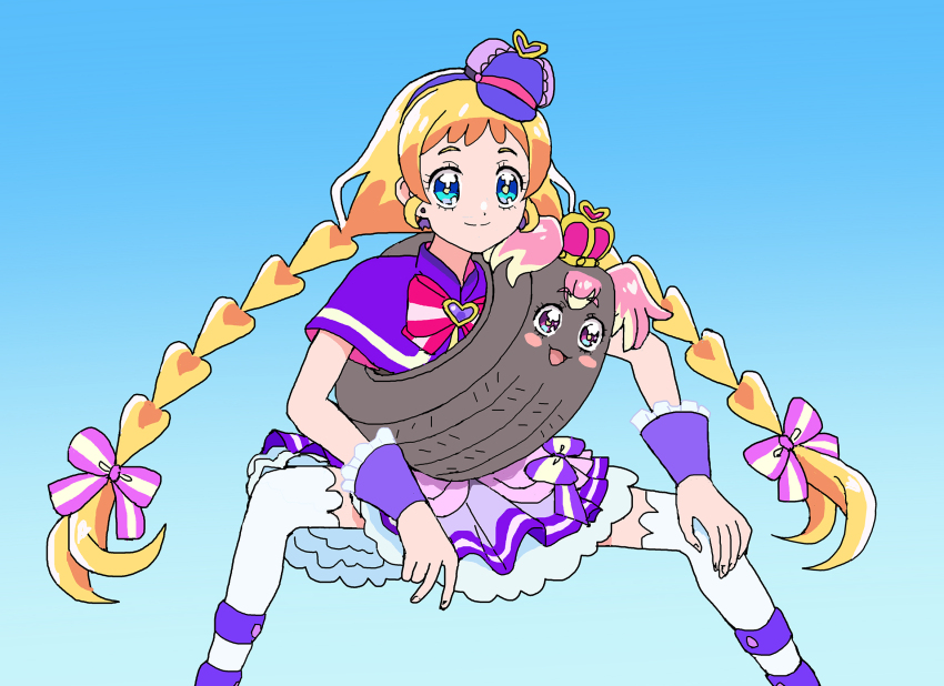 arched_crown, blonde_hair, blush, bow, brooch, company_connection, cosplay, crossover