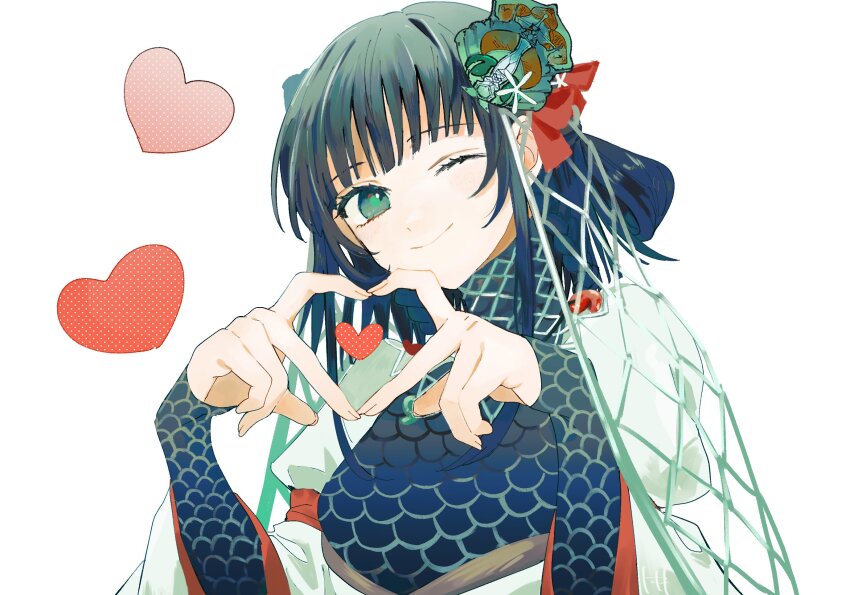 1girl, four-finger_heart_hands, black_hair, blunt_bangs, braid, braided_hair_rings, fate/samurai_remnant, fate_(series)