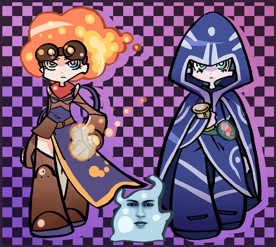 2girls, amoeboid_changeling, bad_id, bad_pixiv_id, belt, blue_eyes, boots, cape, chandra_nalaar, checkered_background, fiery_hair, fire, flaming_hair, frown, goggles, green_hair, hood, jace_beleren, magic:_the_gathering, multiple_girls, orange_hair, panty_&amp;_stocking_with_garterbelt, parody, scroll, shioinu_kemushi, style_parody, thigh_boots, thighhighs