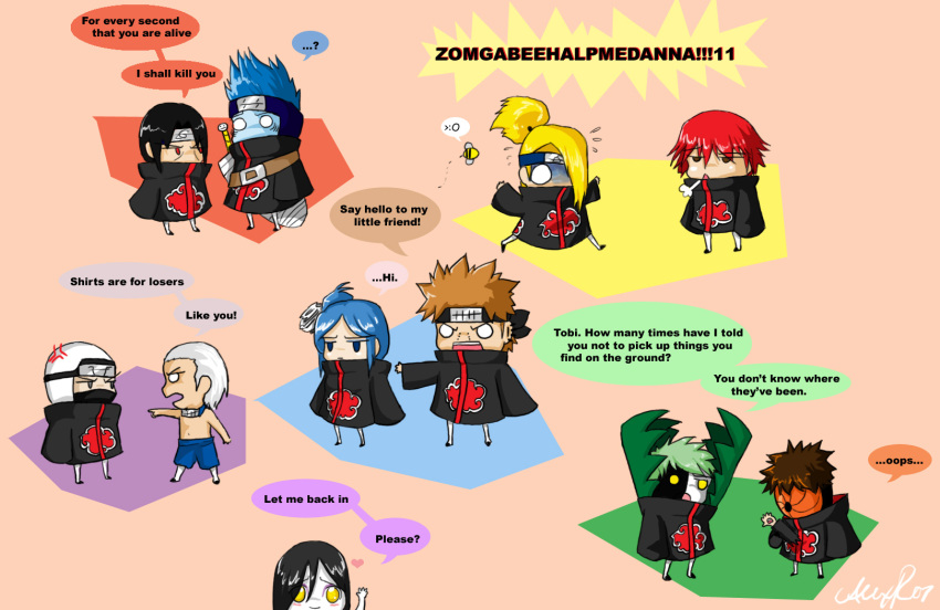 ...?, 1girl, akatsuki_(naruto), akatsuki_uniform, anger_vein, bee, black_hair, blonde_hair, blue_hair, blue_pants, blue_skin, blush, brown_hair, bug, colored_skin, crow213, dark-skinned_male, dark_skin, deidara_(naruto), disembodied_hand, eyeliner, flower, flower_on_head, forehead_protector, gills, green_hair, grey_hair, hair_ornament, hair_over_one_eye, heart, hidan_(naruto), highres, hoshigaki_kisame, insect, kakuzu_(naruto), konan_(naruto), makeup, mask, multicolored_skin, multiple_boys, nagato_(naruto), naruto_(series), naruto_shippuuden, no_shirt, orange_hair, orochimaru_(naruto), pain_(naruto), pale_skin, pants, piercing, pointing, red_hair, sasori_(naruto), scared, speech_bubble, spiked_hair, tobi_(naruto), uchiha_itachi, uchiha_obito, weapon, weapon_on_back, yellow_eyes, zetsu_(naruto)