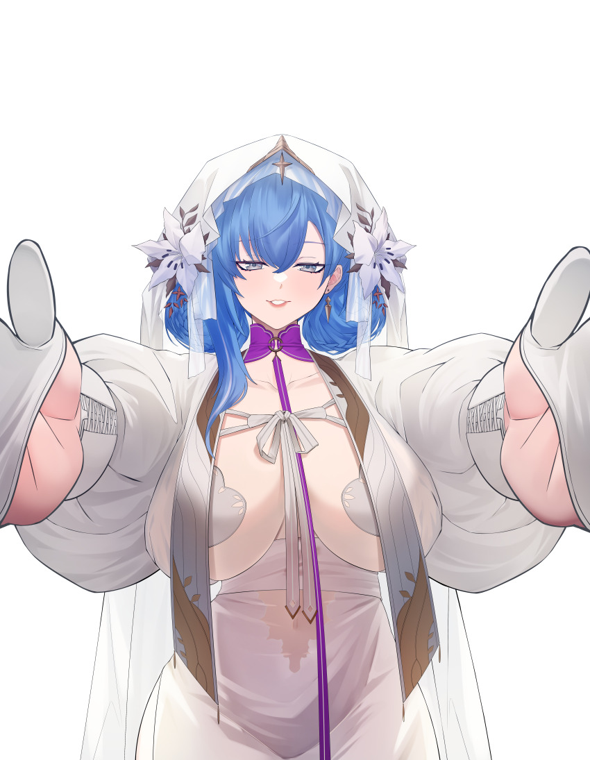 1girl, absurdres, blue_hair, breasts, commission, dp-12_(girls'_frontline), dp-12_(misty_cross)_(girls'_frontline), flower, girls'_frontline, hair_flower, hair_ornament, hands_on_another's_cheeks, hands_on_another's_face, highres, large_breasts, looking_at_viewer, meme, outstretched_arms, pov, pov_cheek_warming_(meme), samsam_s2s, skindentation, wedding