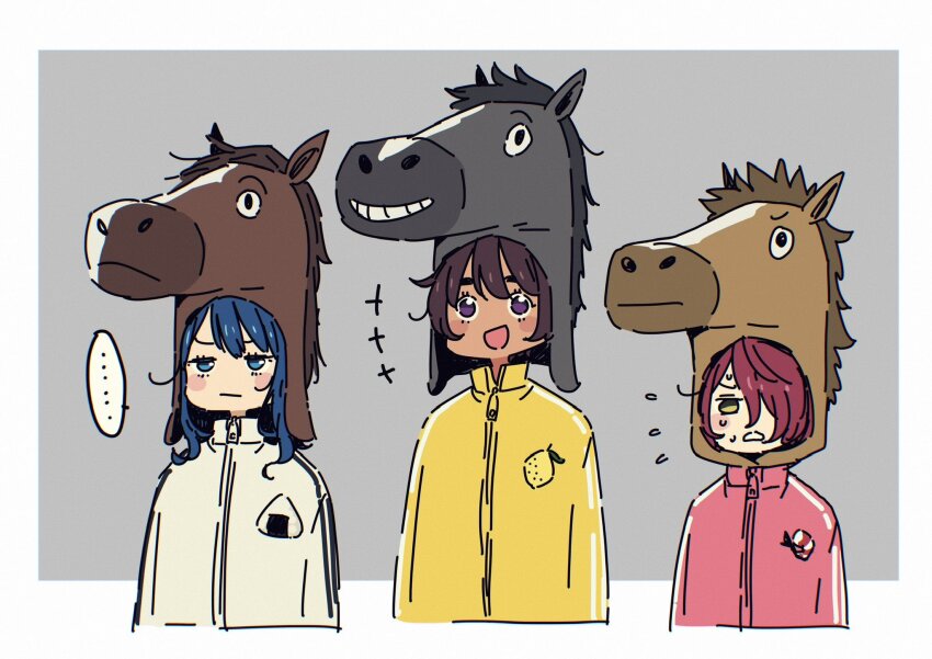 3girls, :d, blue_eyes, blue_hair, brown_hair, commentary_request, dark-skinned_female, dark_skin, female_focus, green_eyes, grey_background, grin, highres, horse_hat, imigimuru, jacket, komari_chika, long_hair, make_heroine_ga_oo_sugiru!, matching_hair/eyes, multiple_girls, open_mouth, pink_jacket, purple_eyes, red_hair, short_hair, smile, track_jacket, upper_body, white_jacket, yakishio_lemon, yanami_anna, yellow_jacket