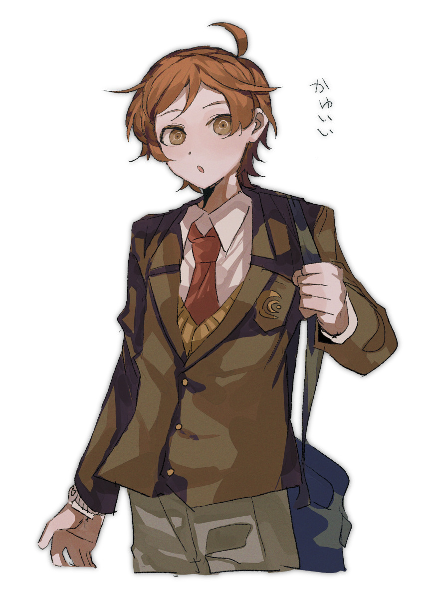 1boy, :o, absurdres, ahoge, bag, blazer, blue_bag, brown_eyes, brown_jacket, buttons, collared_jacket, collared_shirt, commentary_request, crescent_print, cropped_legs, danganronpa_(series), danganronpa_another, suit_pants, gayatsu, grey_pants, highres, holding, holding_bag, jacket, lapels, layered_sleeves, long_sleeves, looking_at_viewer, maeda_yuki, male_focus, necktie, notched_lapels, open_mouth, orange_hair, pants, pocket, red_necktie, school_bag, shirt, short_hair, simple_background, solo, super_danganronpa_another_2, sweater_vest, translation_request, vest, white_background, white_shirt, yellow_vest