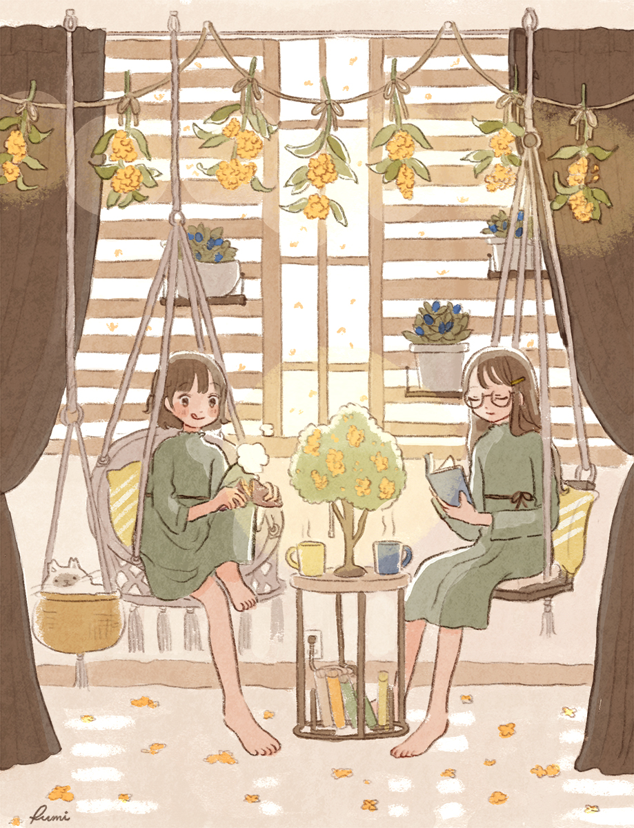 2girls, barefoot, blush, book, brown_hair, cat, cup, dress