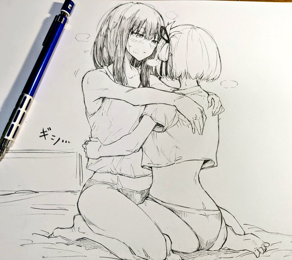 2girls, art_tools_in_frame, barefoot, blush, bob_cut, commentary_request, couple, gasuri_govan