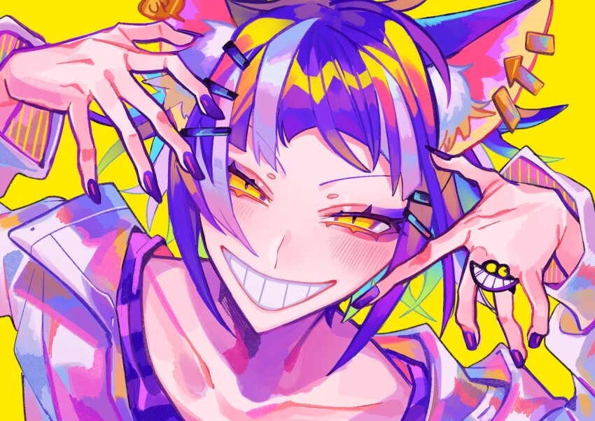 1boy, animal_ear_fluff, animal_ears, aqua_hair, arms_up, arrow_(symbol), blush, cat_ears, che'nya, collarbone, colored_inner_hair, commentary_request, dutch_angle, ear_piercing, gradient_hair, green_hair, grin, hair_flaps, hair_ornament, highres, himanemuitoma, jacket, long_sleeves, looking_at_viewer, multicolored_hair, nail_polish, piercing, portrait, purple_hair, purple_nails, purple_shirt, shirt, short_hair, sidelocks, simple_background, smile, streaked_hair, teeth, twisted_wonderland, v-shaped_eyebrows, white_hair, white_jacket, yellow_background, yellow_eyes