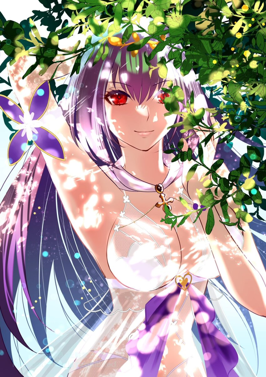 1girl, bikini, breasts, cleavage, closed_mouth, commentary_request, fate/grand_order, fate_(series), hair_between_eyes, highres, large_breasts, lips, long_hair, looking_at_viewer, official_alternate_costume, pink_lips, purple_hair, red_eyes, ringo2156, scathach_(fate), scathach-skadi_(fate), scathach-skadi_(swimsuit_ruler)_(third_ascension)_(fate), see-through_clothes, smile, solo, swimsuit, very_long_hair, white_bikini