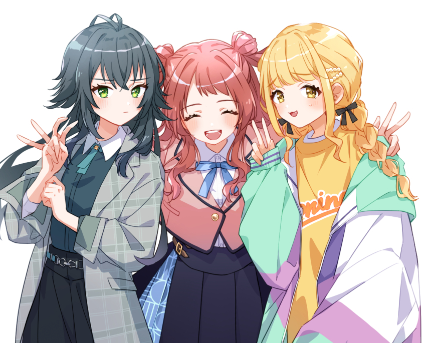 3girls, ^_^, antenna_hair, bent_v, blonde_hair, blue_ribbon, blush, braid