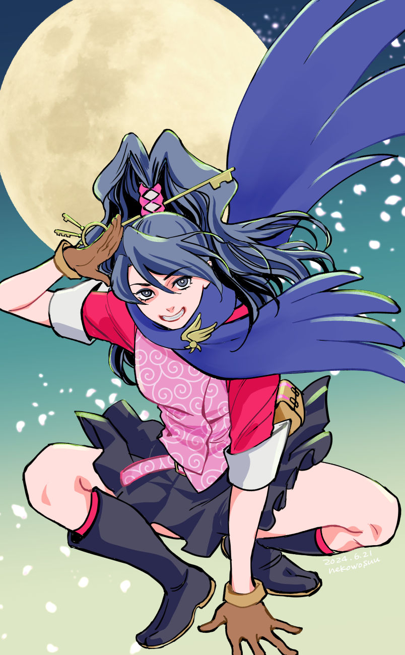 1girl, ace_attorney, black_boots, black_skirt, blue_scarf, boots, brown_gloves, dated