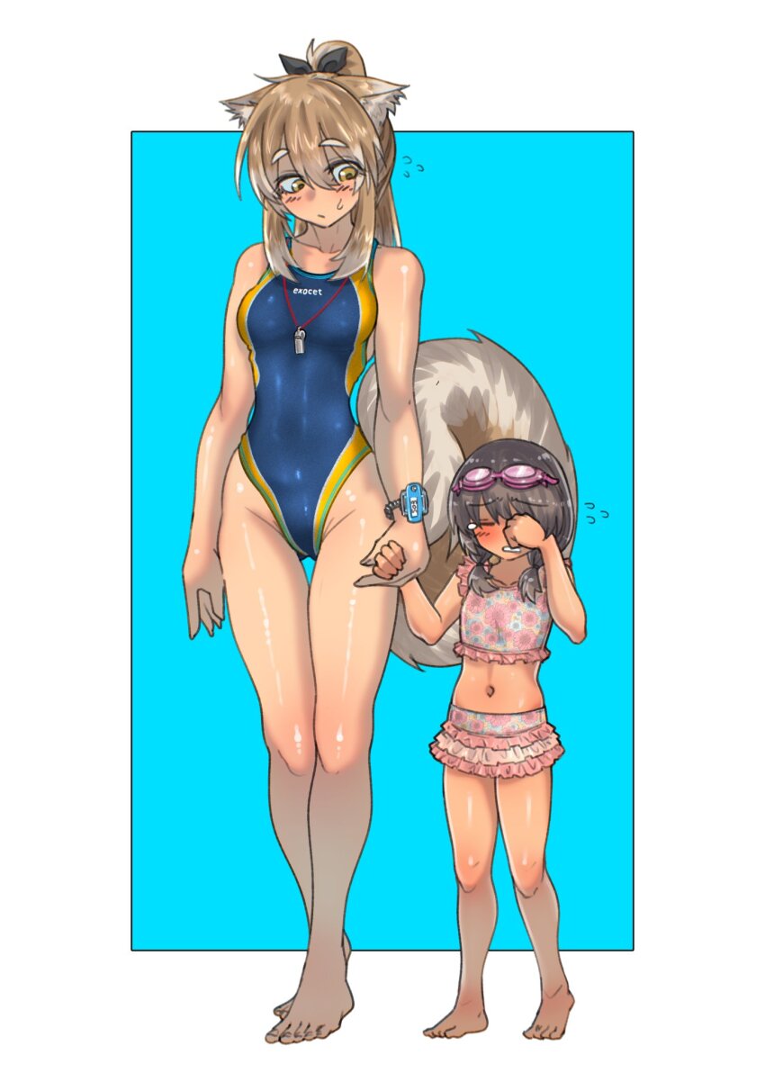 2girls, animal_ears, aqua_background, barefoot, bikini, bikini_skirt, blue_one-piece_swimsuit, breasts