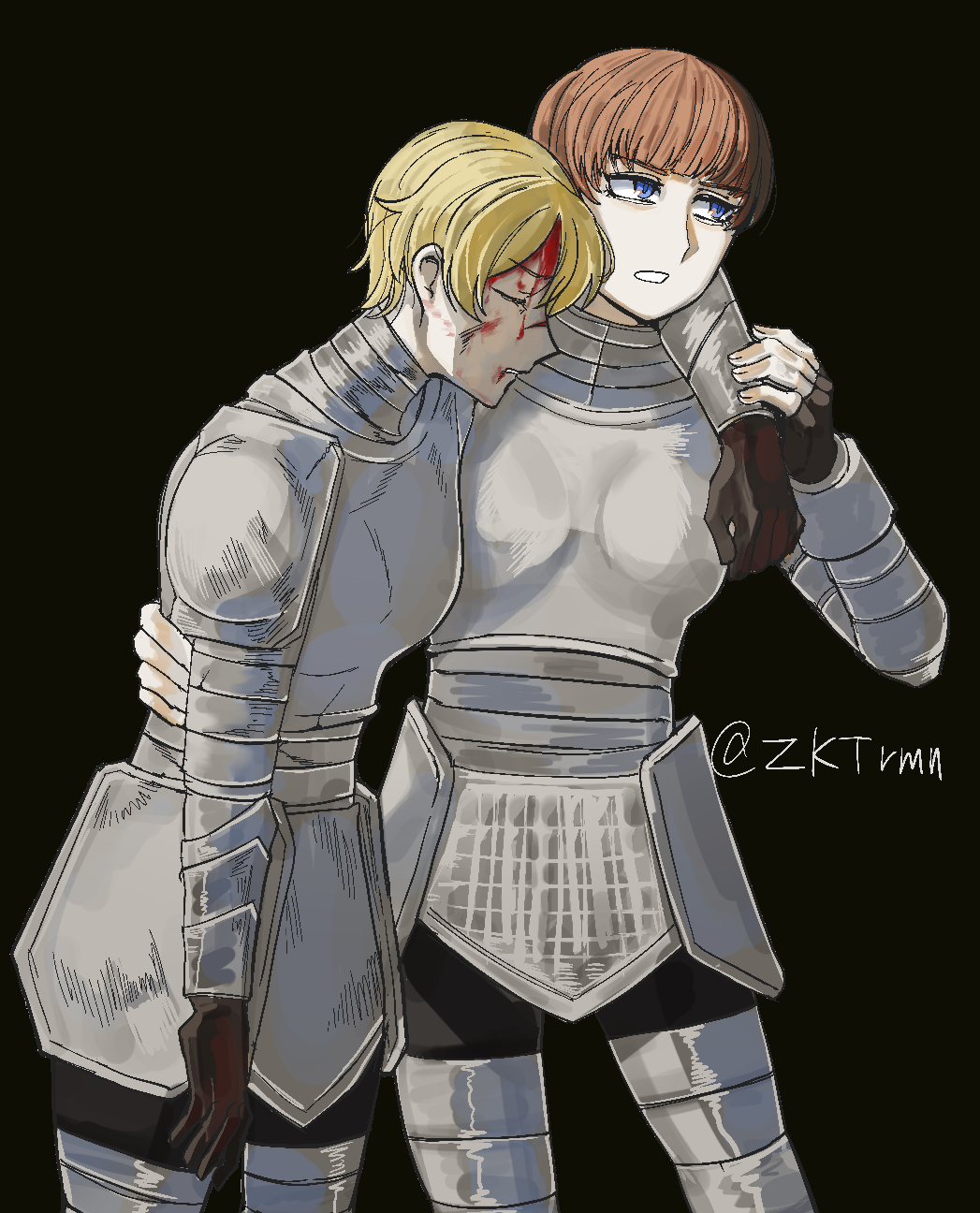 2girls, arm_over_shoulder, armor, black_background, blonde_hair, blood, blood_on_face, blue_eyes, blunt_bangs, brown_gloves, closed_eyes, cowboy_shot, d'arce_(fear_&amp;_hunger), fear_&amp;_hunger, fear_&amp;_hunger_(series), fear_&amp;_hunger_1, fingerless_gloves, gloves, highres, jeanne_(fear_&amp;_hunger), looking_ahead, multiple_girls, orange_hair, parted_lips, short_hair, simple_background, twitter_username, zokukotsu_ramen