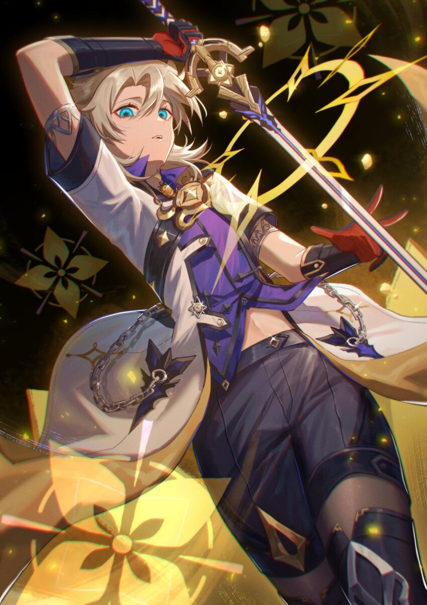 1boy, albedo_(genshin_impact), bishounen, cowboy_shot, dutch_angle, from_below, genshin_impact, green_eyes