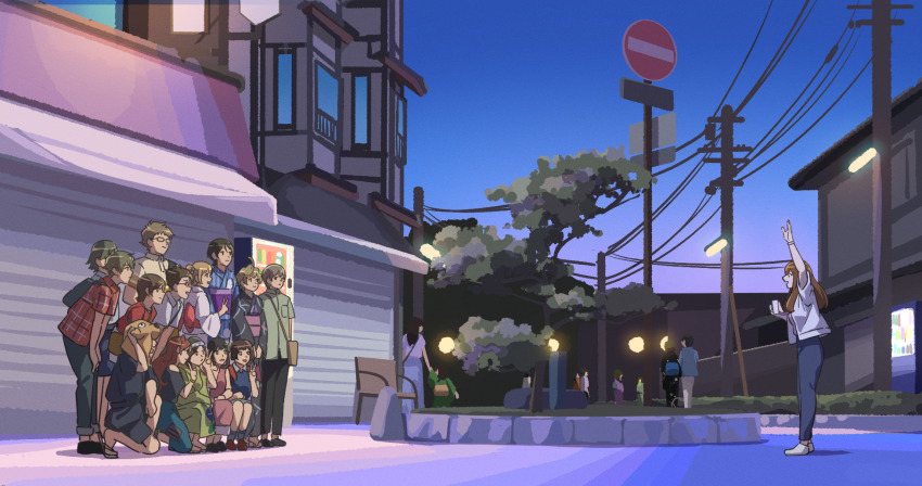 5boys, 6+girls, animal_hat, arm_up, bag, black_hair, blonde_hair, brown_hair