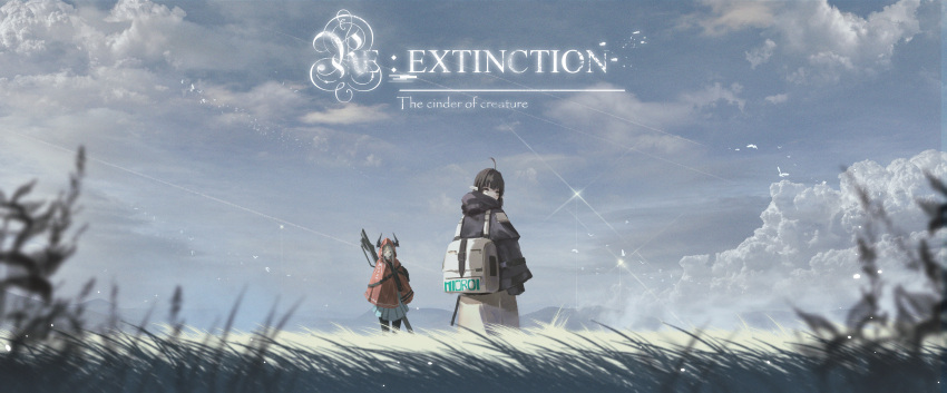 2girls, absurdres, ahoge, backpack, bag, bird, black_gloves, black_hood