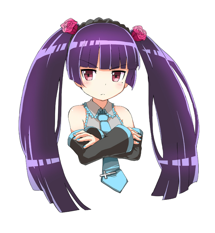 1girl, alternate_hairstyle, bad_id, bare_shoulders, blunt_bangs, cosplay, crossed_arms, female_focus